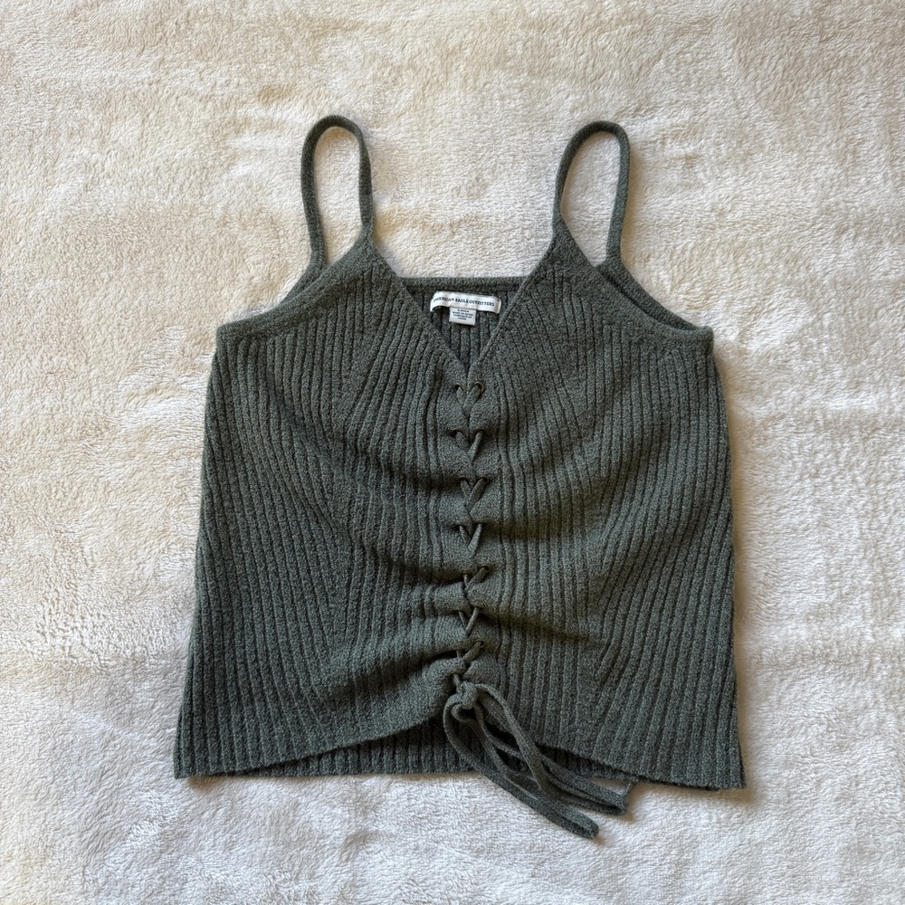 American Eagle Outfitters‎ Women's Ribbed Knit Lace-Up Tank Top - Olive Green